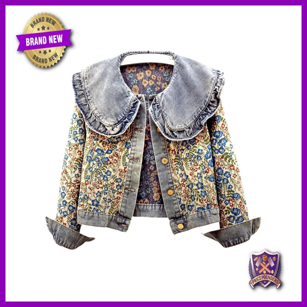Vintage Floral Denim Jacket Peter Pan Collar Boho Chic Button Up Shacket